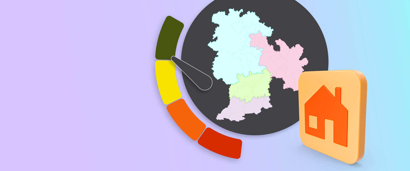 an illustration with a purple background, depicting a scale or progress bar, an icon of a bungalow, and an icon of a map showing bromfords operational area