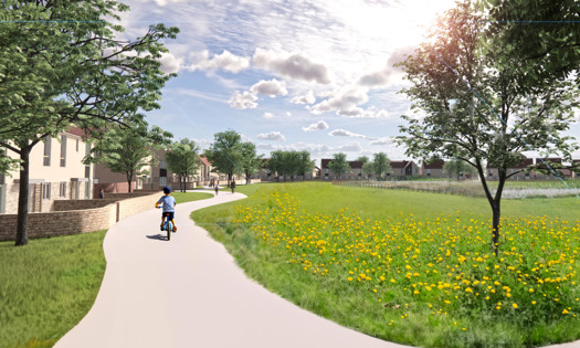 Artists impression of a child riding their bike in an area where there is houses and greenery