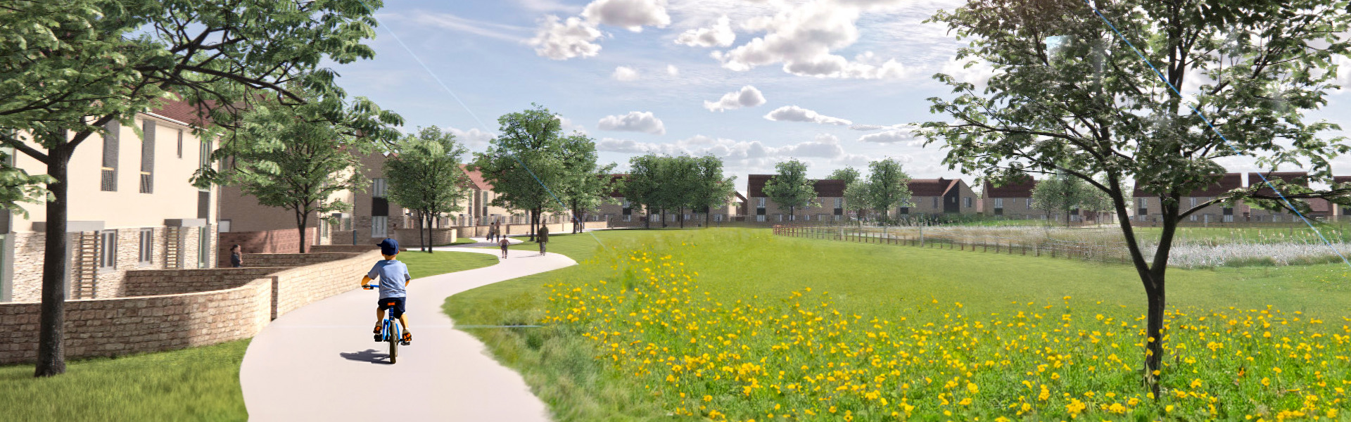 Artists impression of a child riding their bike in an area where there is houses and greenery